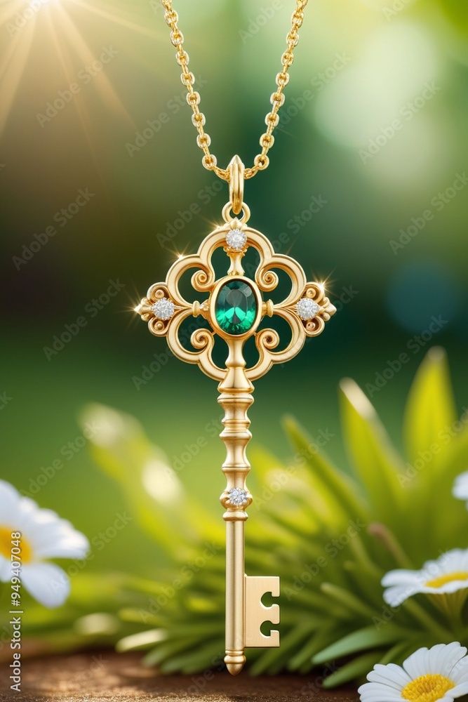 A beautiful golden key pendant hanging naturally on a chain with an emerald A beautiful golden key pendant hanging naturally on a chain with an emerald