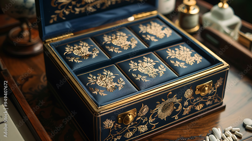 An ornately decorated blue and gold box with intricate floral patterns sits open on a wooden surface. An ornately decorated blue and gold box with intricate floral patterns sits open on a wooden surface.