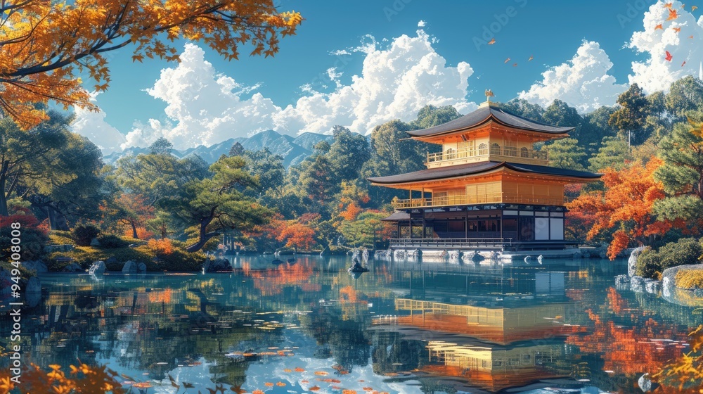 Peaceful autumn Japanese temple pavilion by the lake with tranquil bonsai trees reflecting in water, serene springtime scene with nature and traditional architecture