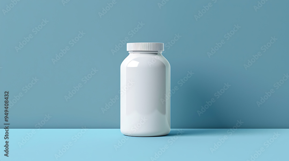 A white pill bottle sits against a blue background, ready for your product label. A white pill bottle sits against a blue background, ready for your product label.