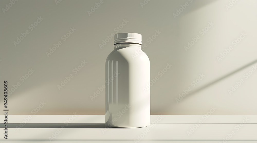 A white bottle with a screw-on top sits on a white surface against a white background. A white bottle with a screw-on top sits on a white surface against a white background.
