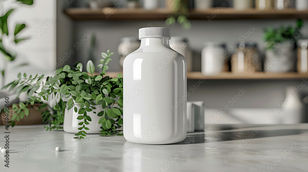 A white bottle with a simple design sits on a countertop, surrounded by green plants. The bottle is perfect for showcasing your brand or product. A white bottle with a simple design sits on a countertop, surrounded by green plants. The bottle is perfect for showcasing your brand or product.