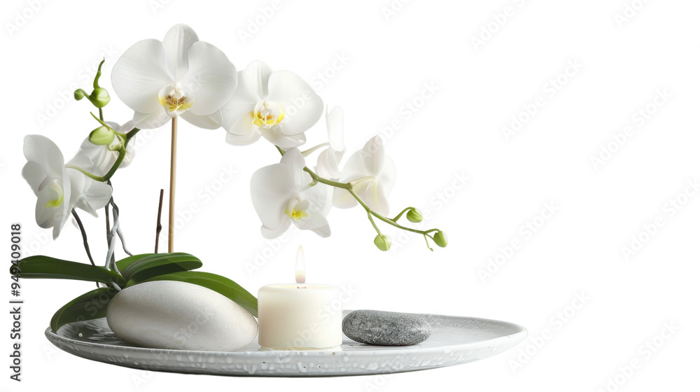 Floral home decor with white orchid, candle and stones on ceramic plate isolated on white background Floral home decor with white orchid, candle and stones on ceramic plate isolated on white background