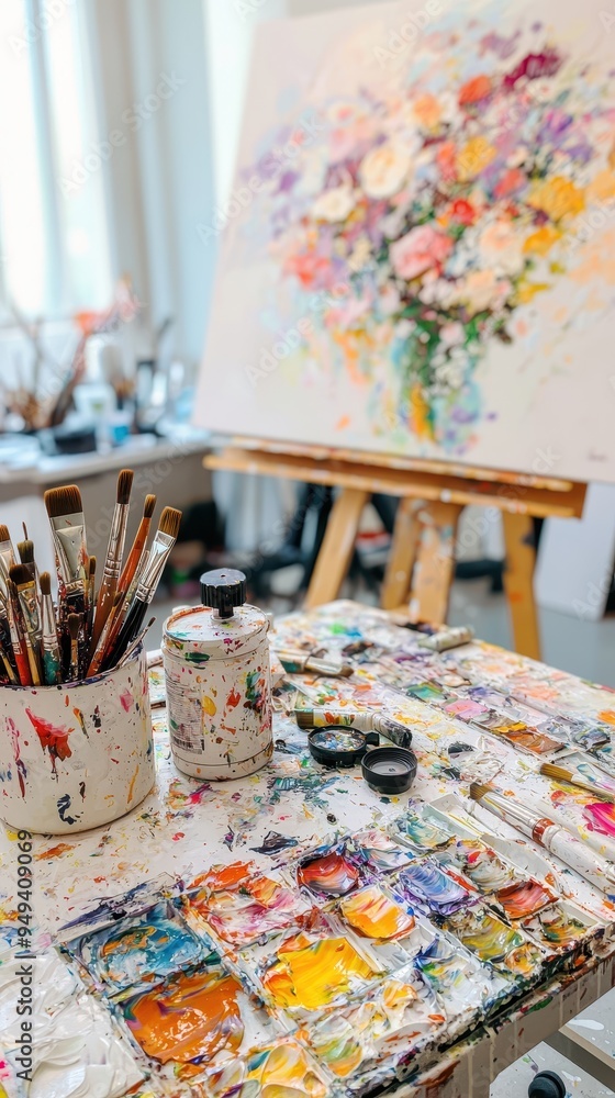 Artist Studio Paintbrushes Palette and Oil Painting Artist Studio Paintbrushes Palette and Oil Painting