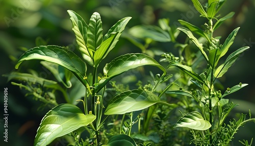 阳光透过绿色植物，生机盎然的自然景象。