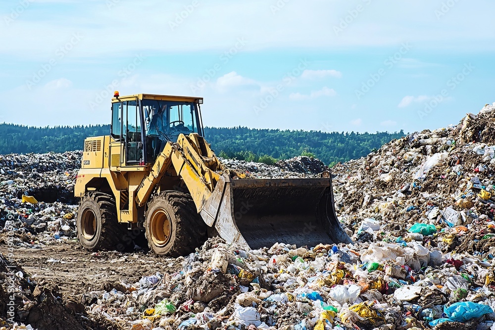 A track loader is seen operating on a landfill, leveling out a section of trash with its large bucket A track loader is seen operating on a landfill, leveling out a section of trash with its large bucket