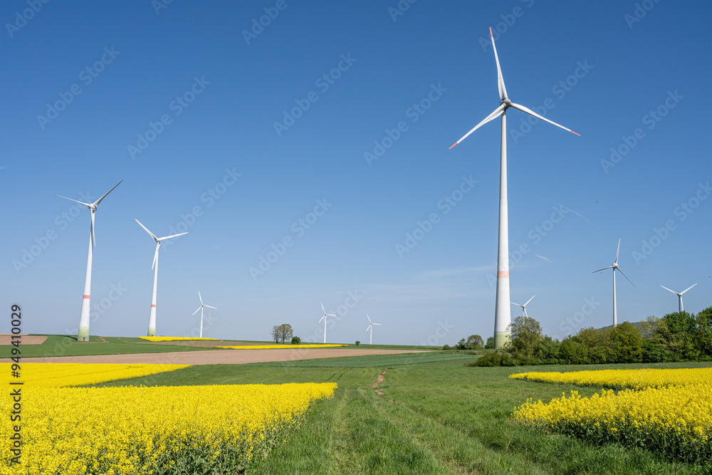Yellow canola fields and wind turbines seen in Germany Yellow canola fields and wind turbines seen in Germany