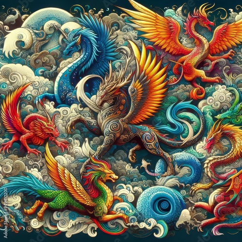 Wallpaper Mural Mythical Creatures Featuring dragons unicorns and other mythical Torontodigital.ca