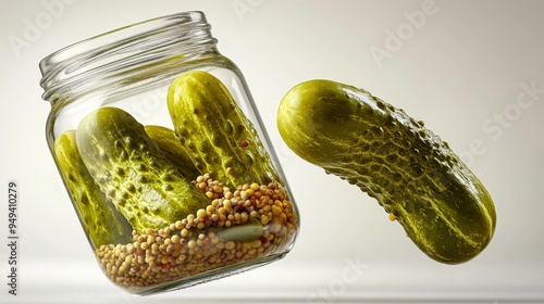 A floating jar of pickles with one slightly out ag  726 cucumber, food, pickled, pickle, vegetable, isolated, green, gherkin, white, pickles, healthy, snack, dill, cucumbers, closeup, vegetarian, ingr photo