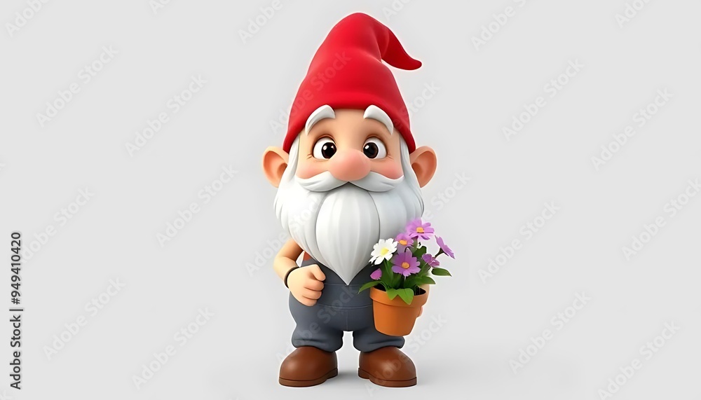 Obraz premium Cute Cartoon Garden Gnome Holding Flowers
