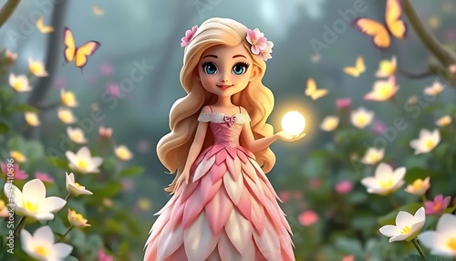 Cute Cartoon Princess Holding a Glowing Orb in a Flower Garden