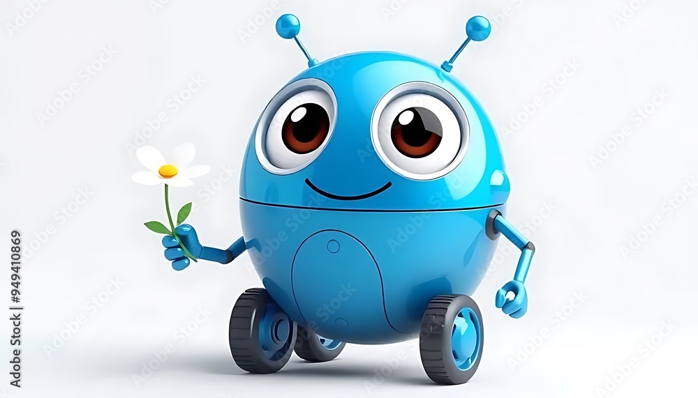 Obraz premium Cute Blue Robot Holding a Flower