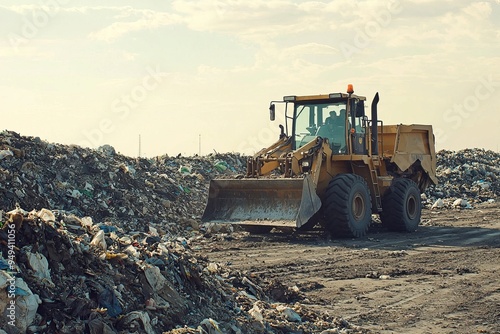 A track loader moves large piles of waste at a landfill, its bucket filled with debris. The scene shows a vast