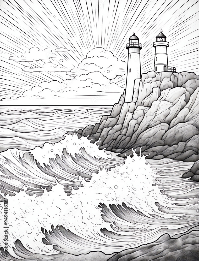 Fototapeta premium Adult coloring pages, illustrate the rugged coastline of New England with crashing waves and lighthouses on rocky cliffs