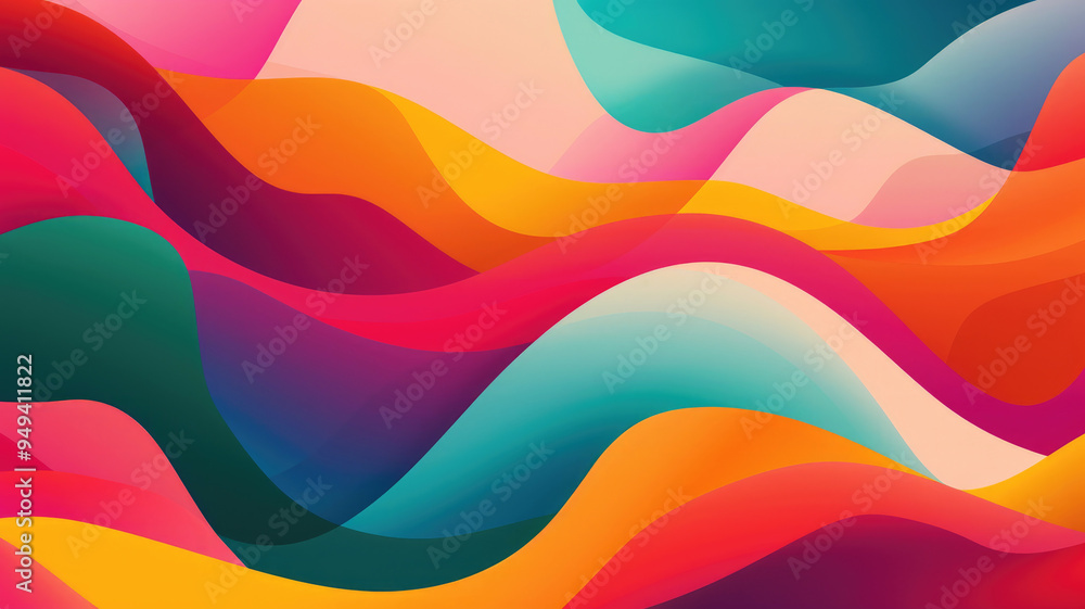 Abstract geometric background with wave shapes in vibrant palette of red, orange, green, blue and pink Abstract geometric background with wave shapes in vibrant palette of red, orange, green, blue and pink