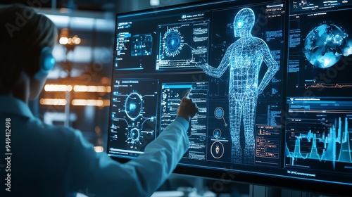 Robotic arm interacting with a computer screen displaying data and graphs.