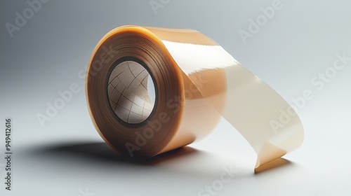 A floating roll of packing tape with the end sligh  578 isolated, tape, metal, white, roll, adhesive, ring, object, sticky, circle, nobody, bearing, tool, paper, part, white background, packaging, wed photo