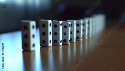 White Dominoes in a Line on a Wooden Surface photo