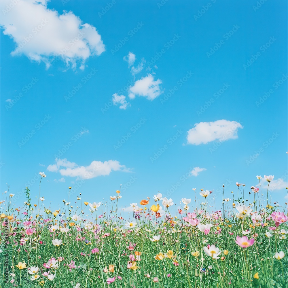 Colorful Wildflowers Meadow Under Blue Sky with Clouds Colorful Wildflowers Meadow Under Blue Sky with Clouds