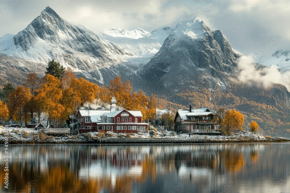 Fototapeta premium Two houses nestled amidst snowy mountains and fall foliage by a still lake