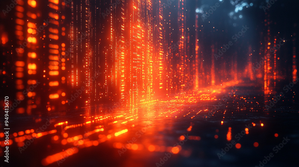 Fototapeta premium Futuristic digital landscape with glowing orange data streams, creating a dynamic and vibrant visual experience in technology.