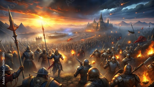 a vast world with medieval armies clashing with sword's and shields  photo