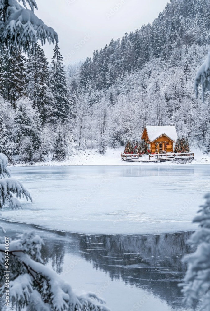 A picturesque frozen lake surrounded by snow-covered trees, with a small wooden cabin in the distance decorated for Christmas A picturesque frozen lake surrounded by snow-covered trees, with a small wooden cabin in the distance decorated for Christmas