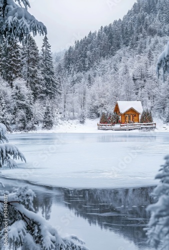 Wallpaper Mural A picturesque frozen lake surrounded by snow-covered trees, with a small wooden cabin in the distance decorated for Christmas Torontodigital.ca
