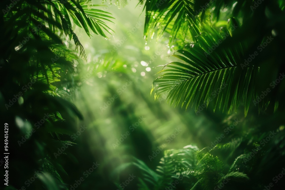 A dense lush rainforest canopy tilt-shift lens, with copy space A dense lush rainforest canopy tilt-shift lens, with copy space