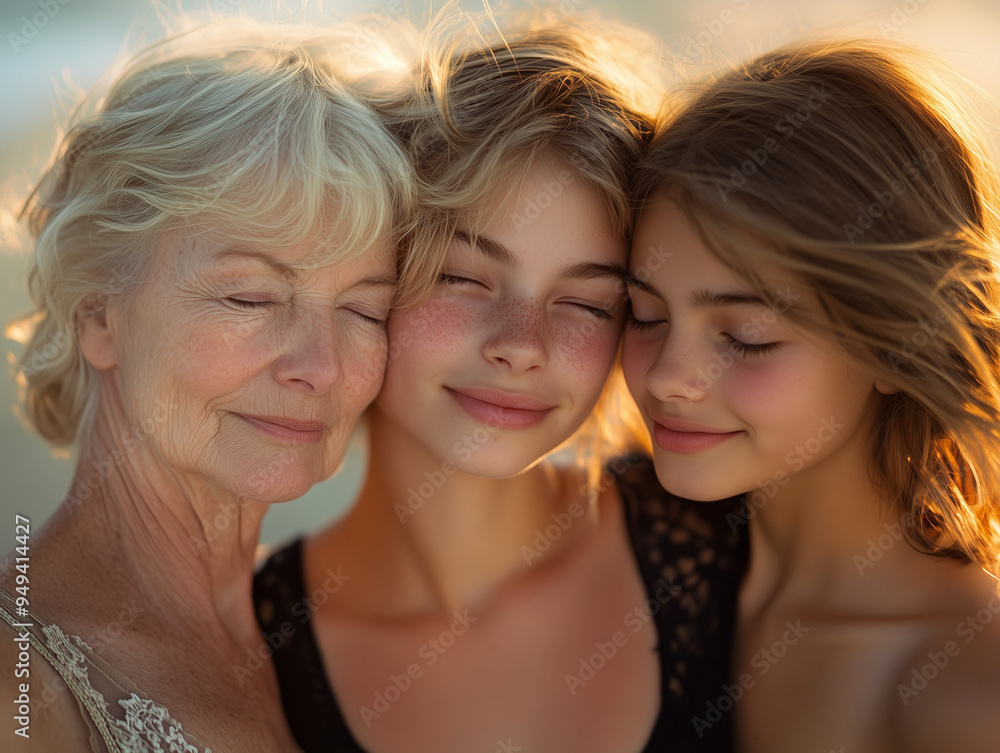 Fototapeta premium Intergenerational Female Trio with Varied Expressions on Sunlit Beach