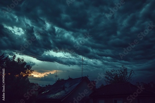 Beautiful dark dramatic sky with stormy clouds before rain or snow. Thunderstorm heaven landscape. Generative Ai photo