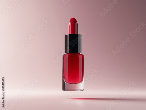 A single nail polish bottle floating with the brus  375 lipstick, beauty, makeup, cosmetics, make-up, cosmetic, fashion, red, nail, pink, polish, accessory, glamour, color, lips, object, stick, care, 