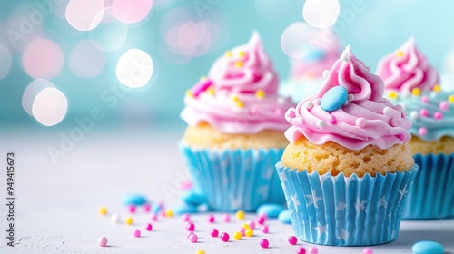 Delicious Pink Cupcakes with Sprinkles on White Background.