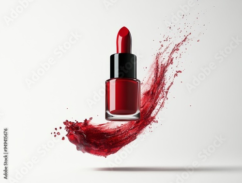 A single nail polish bottle floating with the brus 377 lipstick, beauty, cosmetics, red, makeup, make-up, fashion, cosmetic, glamour, lips, pink, object, color, care, tube, isolated, lip, accessory, 