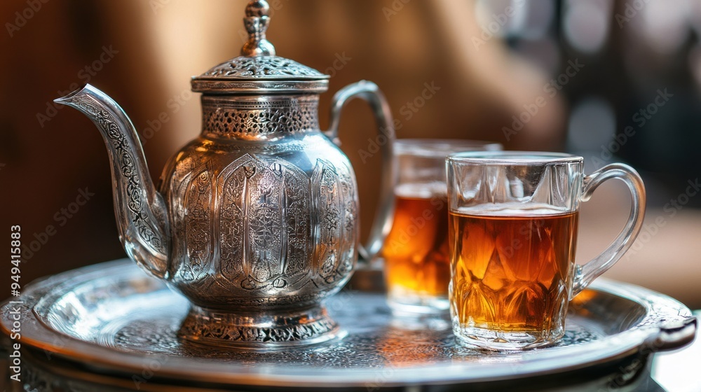Ornate Silver Teapot and Glasses on a Tray Ornate Silver Teapot and Glasses on a Tray