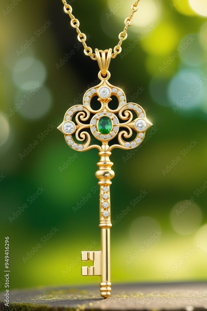 A beautiful golden key pendant hanging naturally on a chain with an emerald A beautiful golden key pendant hanging naturally on a chain with an emerald