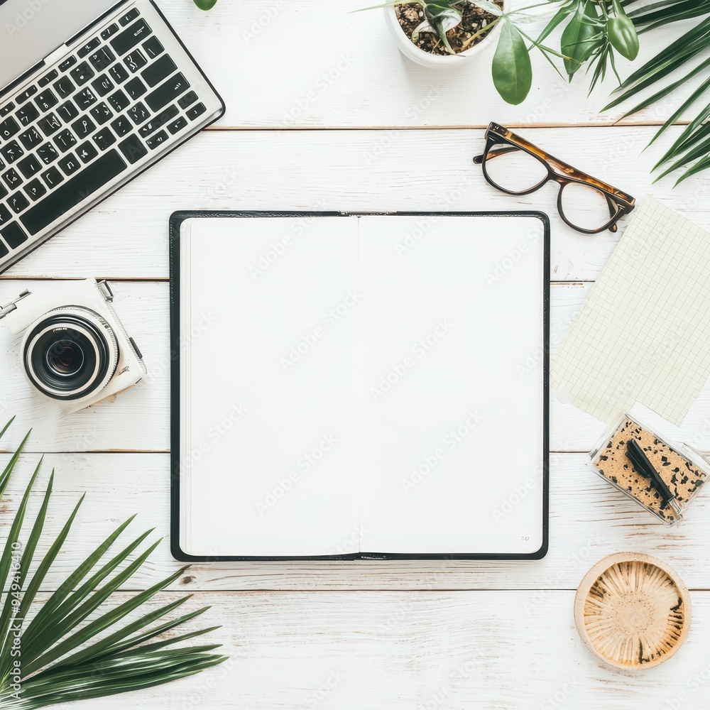 Flat Lay White Desk with Notebook Camera and Green Plants Flat Lay White Desk with Notebook Camera and Green Plants