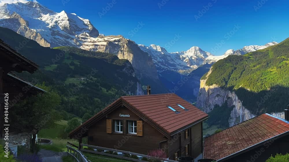 Lodges On The Mountain Village Of Wengen In The Bernese Oberland, Switzerland. Aerial Panning Shot Lodges On The Mountain Village Of Wengen In The Bernese Oberland, Switzerland. Aerial Panning Shot