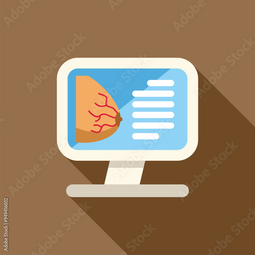 Medical illustration of a mammography scan displaying female breast anatomy on a monitor, used in healthcare and for educational purposes