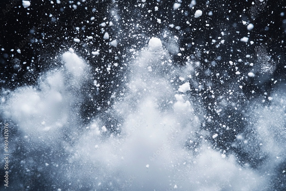 Explosion of snow falling down from sky or roof, heavy big small size snows. Freeze shot on black background isolated. Fluffy White snowflakes splash explode cloud up in mid air storm. Generative Ai Explosion of snow falling down from sky or roof, heavy big small size snows. Freeze shot on black background isolated. Fluffy White snowflakes splash explode cloud up in mid air storm. Generative Ai