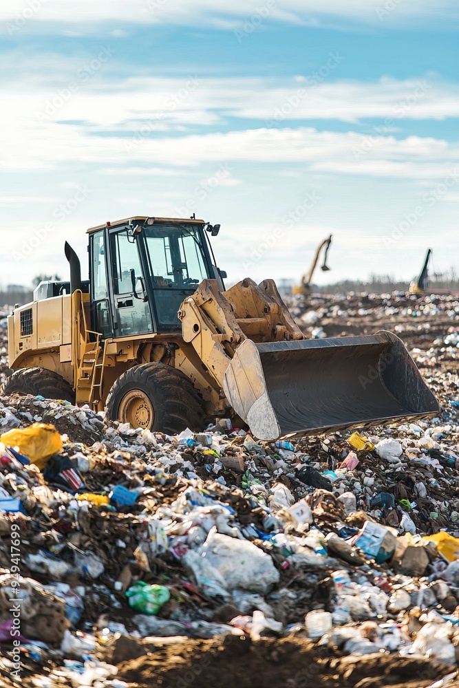 Obraz premium A track loader moves large piles of waste at a landfill, its bucket filled with debris. The scene shows