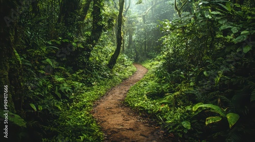 Green Rainforest Path. A narrow path winding through a dense green rainforest.