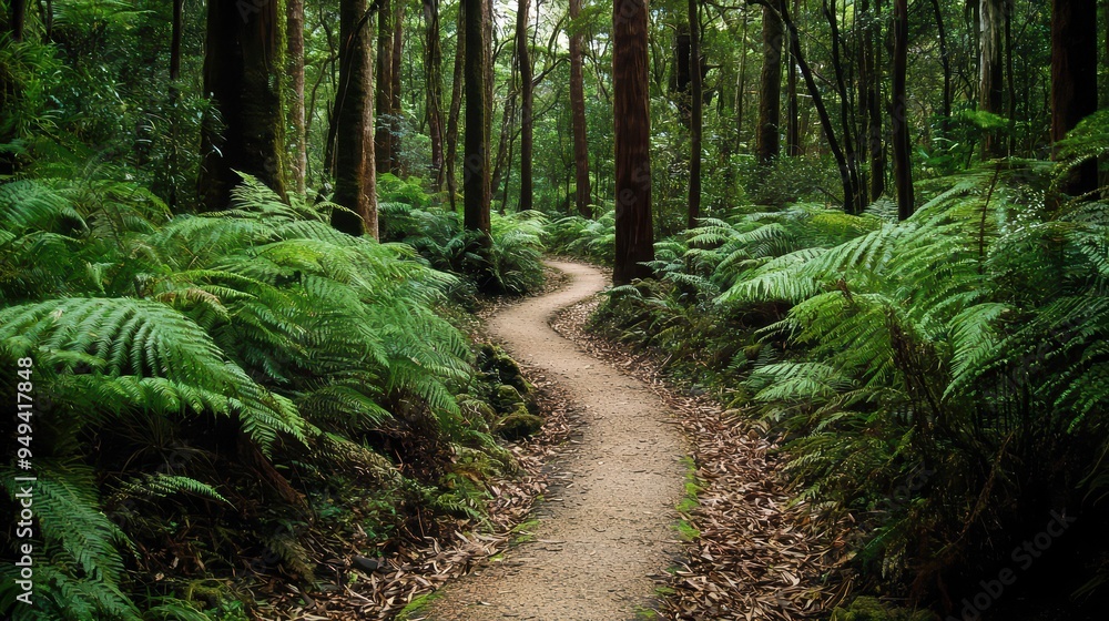 Green Rainforest Path. A narrow path winding through a dense green rainforest. Green Rainforest Path. A narrow path winding through a dense green rainforest.