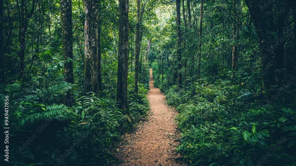 Green Rainforest Path. A narrow path winding through a dense green rainforest.