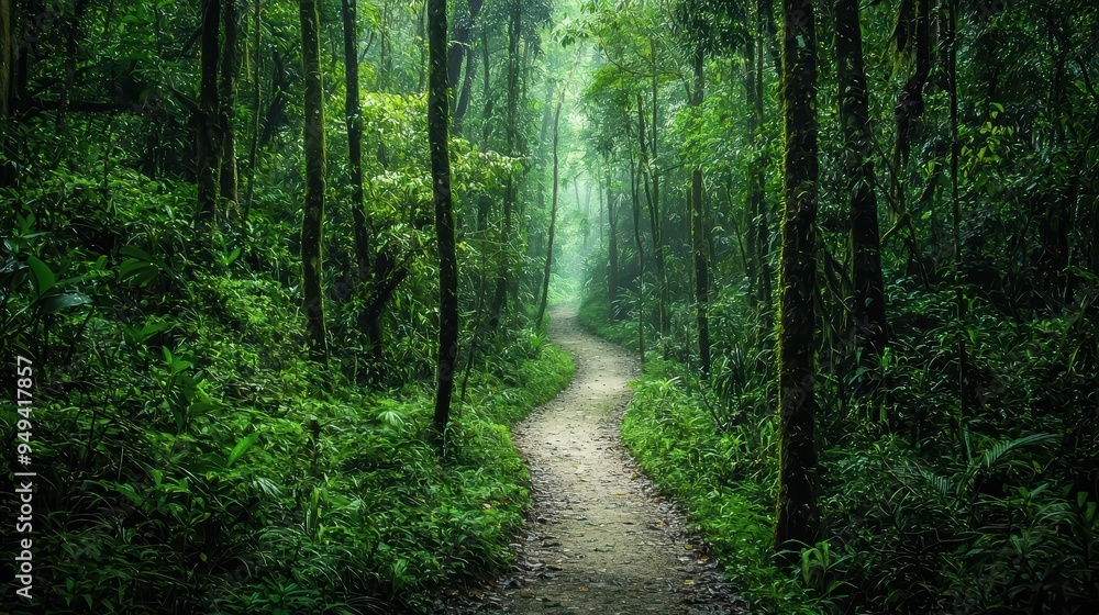 Fototapeta premium Green Rainforest Path. A narrow path winding through a dense green rainforest.