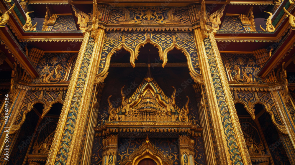 Obraz premium Facade of a golden temple featuring intricate patterns and elaborate designs, highlighting traditional religious architecture.