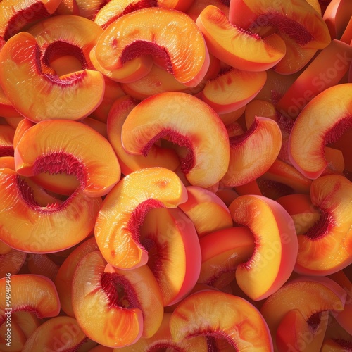 Close-up of sliced peaches, arranged in a pattern. photo