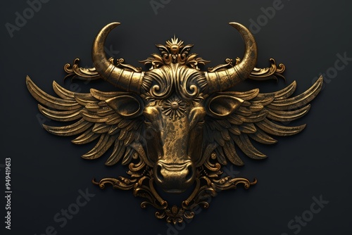 Winged bull sculpture in an elaborate frame, symbolizing financial ascendancy, strength, and market success