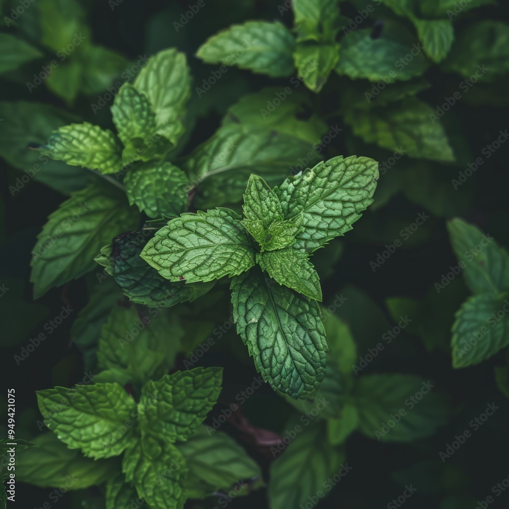 Close-up of vibrant green mint leaves with a dark background. Close-up of vibrant green mint leaves with a dark background.