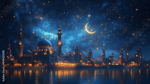 Ramadan style wallpaper deep blue background with   81 night, city, oil, refinery, factory, industry, plant, sky, skyline, water, industrial, building, tower, light, river, architecture, power, busine photo